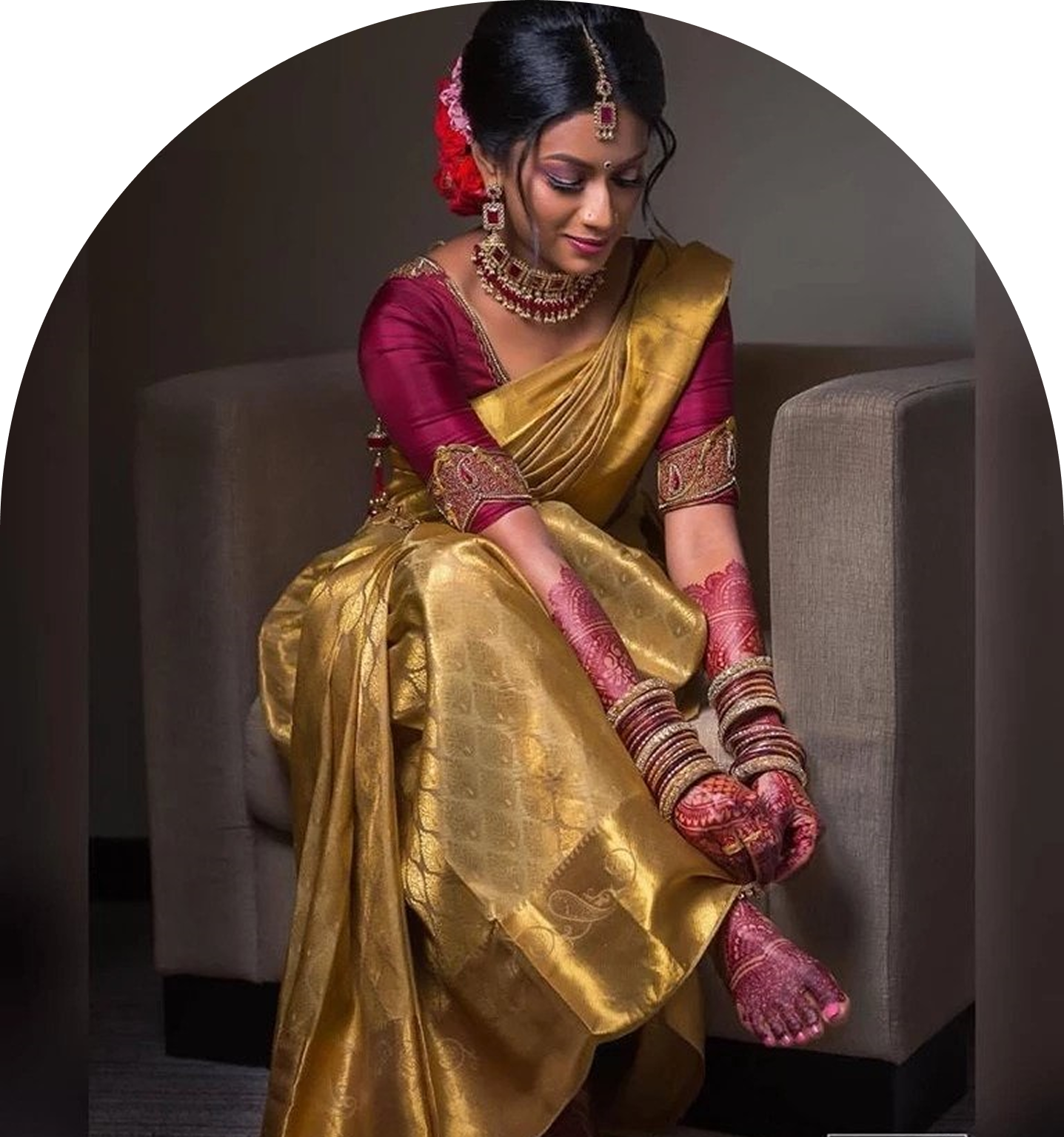 Bridal model sitting on sofa