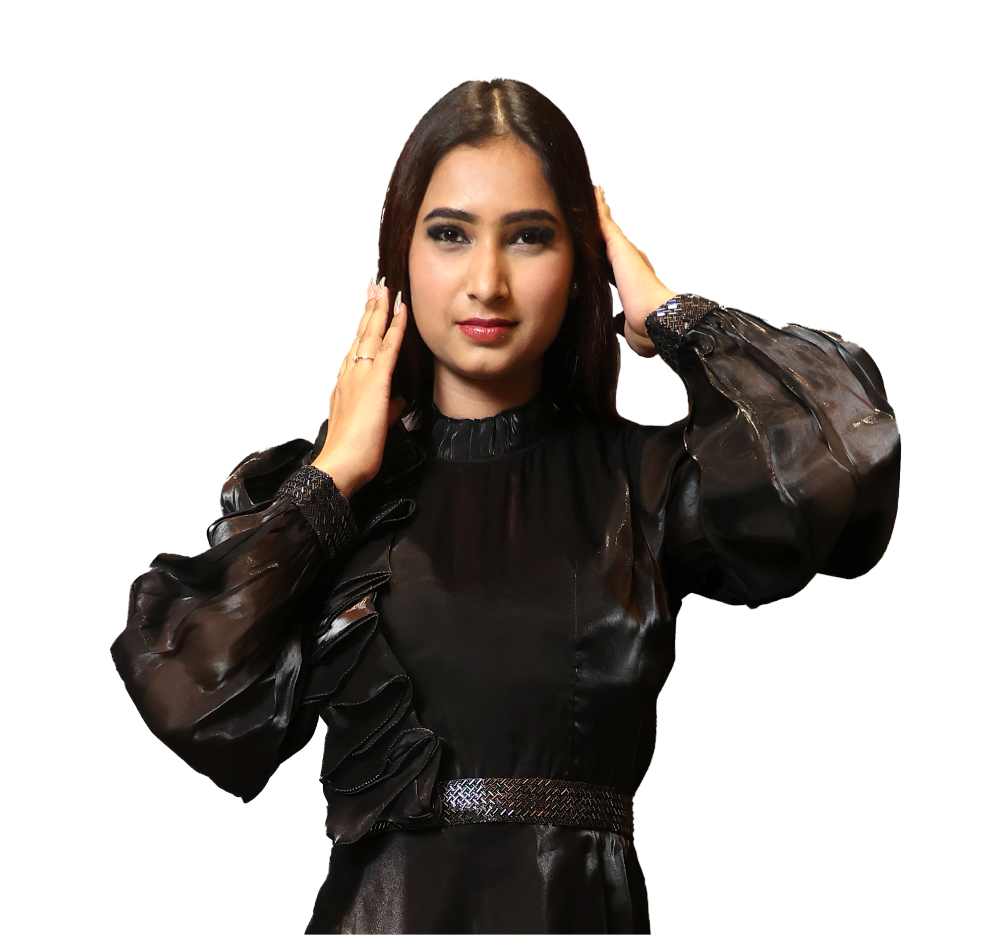 Stylish woman in black fashionable outfit